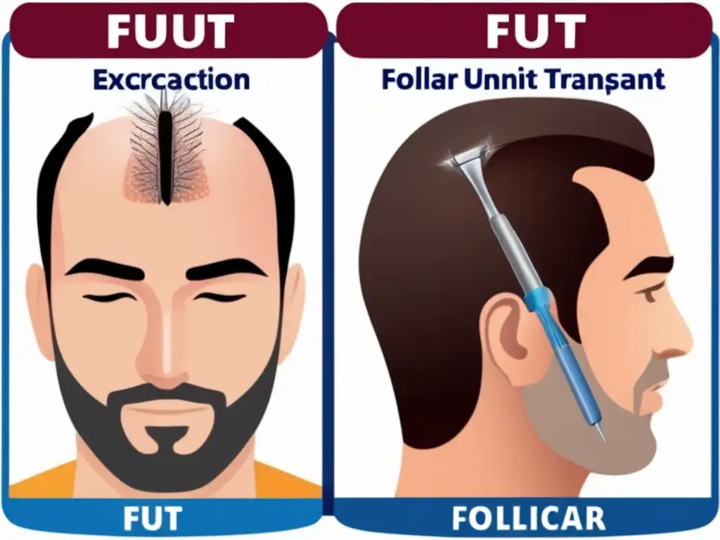Comparación FUE vs Diferencias FUE FUT trasplante cabello: Comparación visual de métodos, innovación y profesionalismo