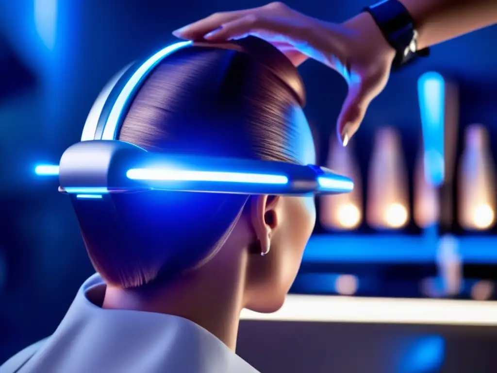 Un dispositivo capilar futurista emite luz sobre un mechón de cabello, mostrando tecnologías capilares de vanguardia.