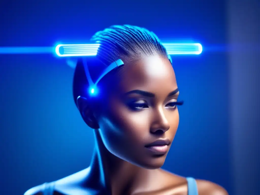 Un dispositivo de exploración capilar futurista examina un mechón de cabello con precisión, iluminado con una suave luz azul