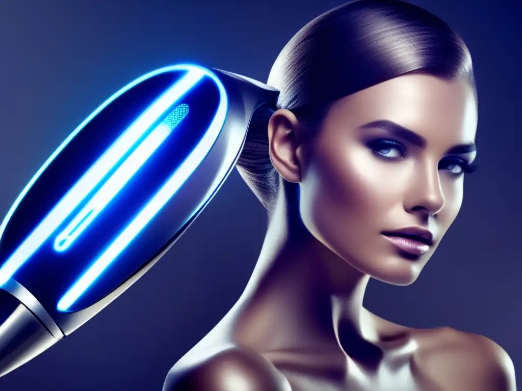 Un dispositivo futurista para tratamientos anticaída capilar en una clínica moderna, con tecnología avanzada y cabello saludable.