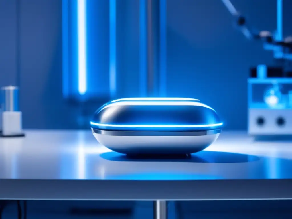 Un dispositivo futurista para tratamientos capilares emite una suave luz azul en un laboratorio blanco y moderno