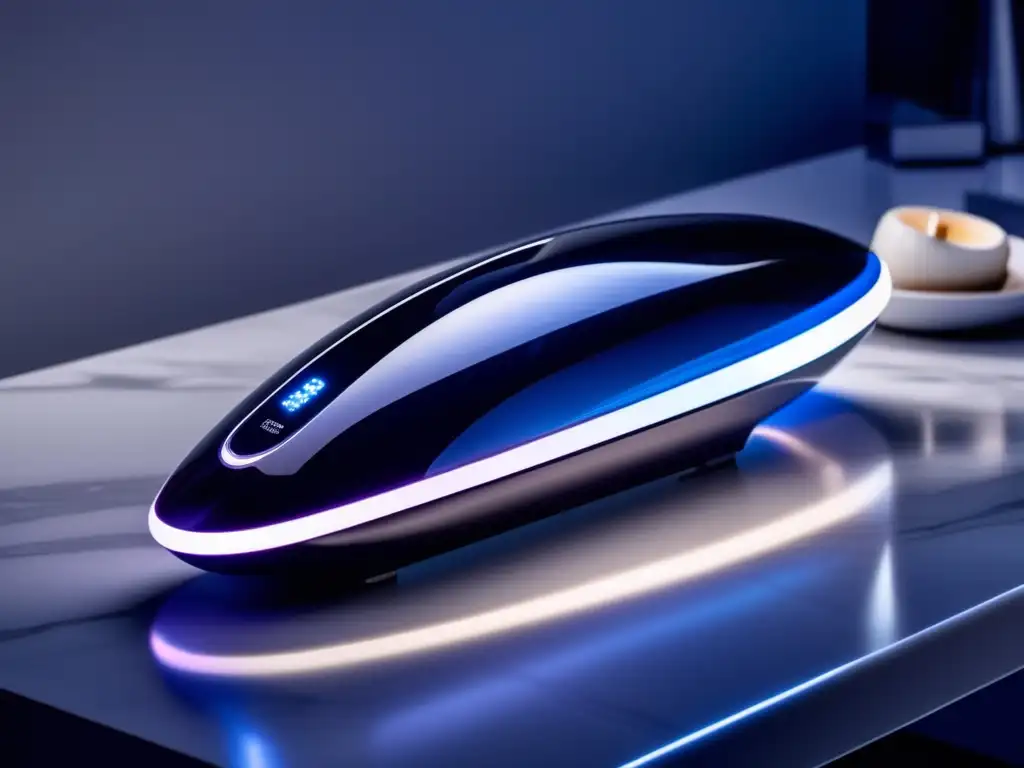 Un dispositivo futurista para tratamientos capilares con tecnología LED y diseño minimalista sobre una encimera de mármol, emitiendo una suave luz que crea una estética moderna y cautivadora