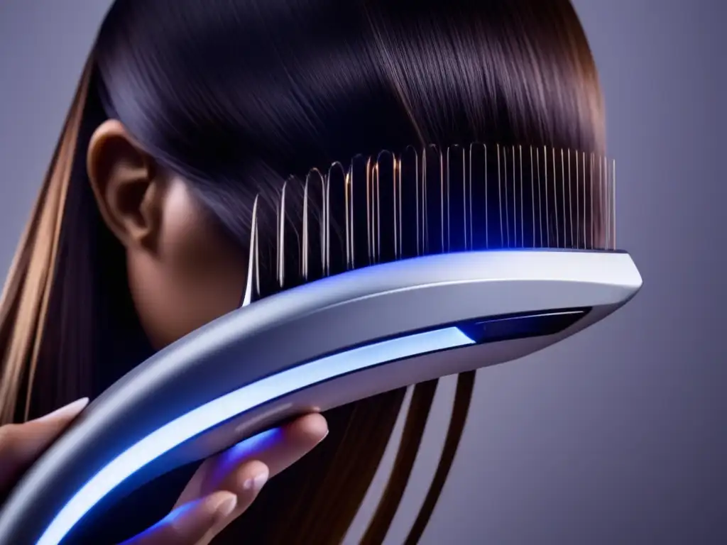 Un dispositivo moderno de terapia capilar emite una suave luz LED, rodeado de cabello saludable