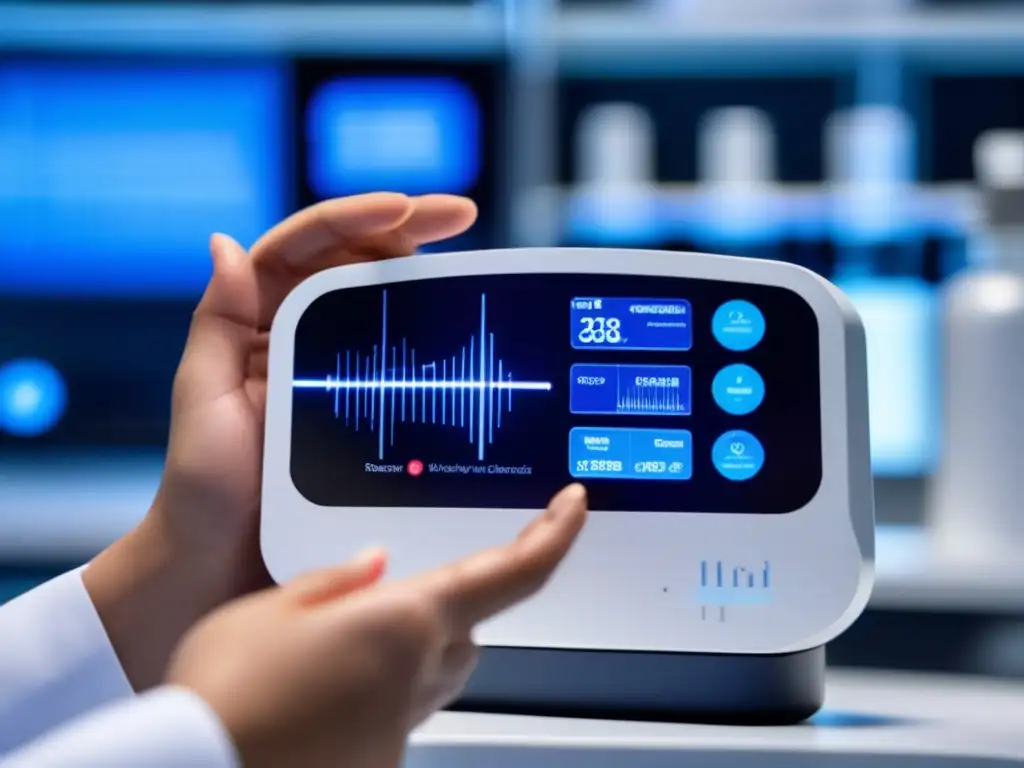 Dispositivo de monitoreo capilar de alta tecnología en laboratorio, mostrando análisis en tiempo real de la salud del cuero cabelludo y la condición del folículo piloso