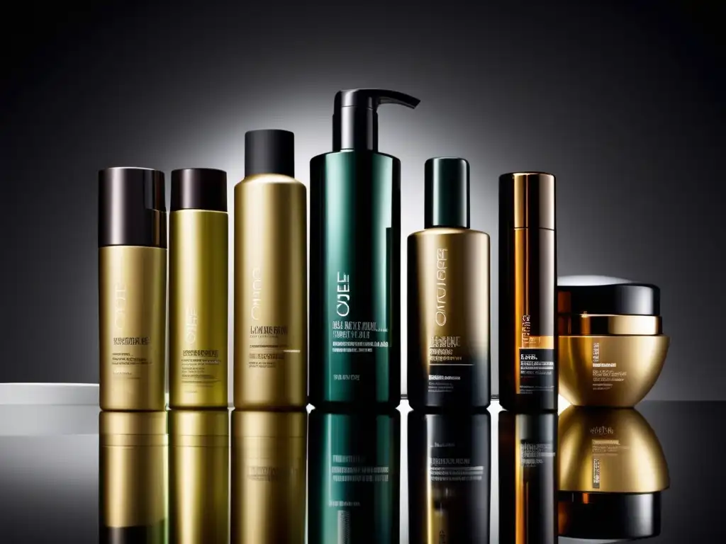 Una elegante alineación de productos de styling para cabello débil, con botellas y envases brillantes y un diseño minimalista de lujo.