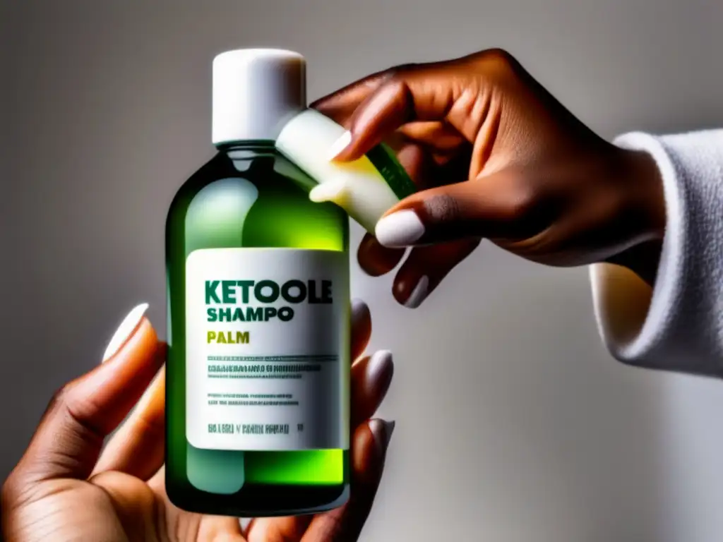 Un elegante baño blanco con una mano vertiendo champú ketoconazol para pérdida de cabello en la palma.