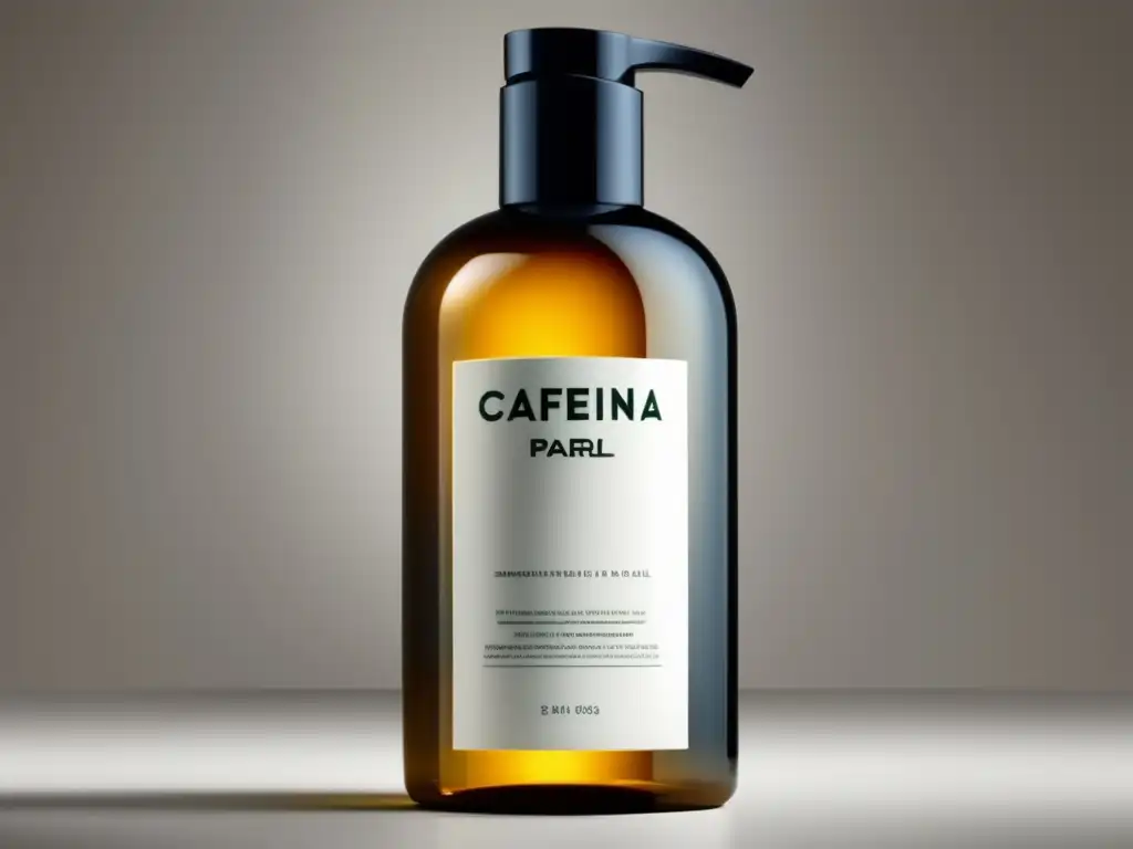 Un elegante champú con cafeína para la caída del cabello, en un envase moderno y minimalista sobre fondo blanco, con iluminación suave y lujosa.