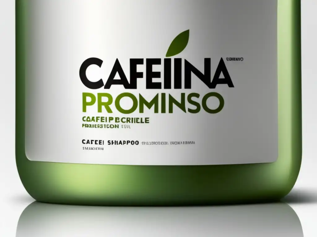 Un elegante envase de champú con cafeína para crecimiento capilar, destaca en un fondo blanco con iluminación suave.