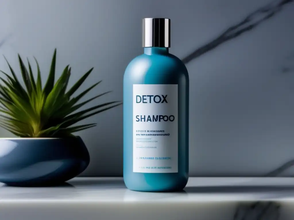 Un elegante envase de champú detox descansa en una encimera de mármol, iluminado por suave luz natural