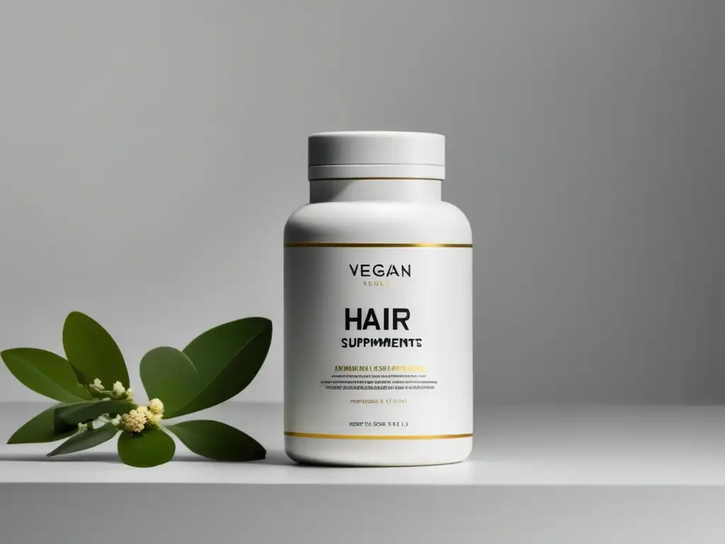 Un elegante frasco de suplementos veganos para el cabello, con diseño minimalista y elementos botánicos vibrantes, sobre fondo blanco.