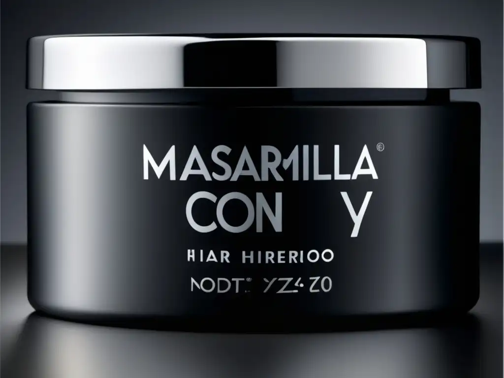 Una elegante y lujosa mascarilla con Zinc y Hierro para caída cabello, en un envase negro y plateado iluminado por luz natural.