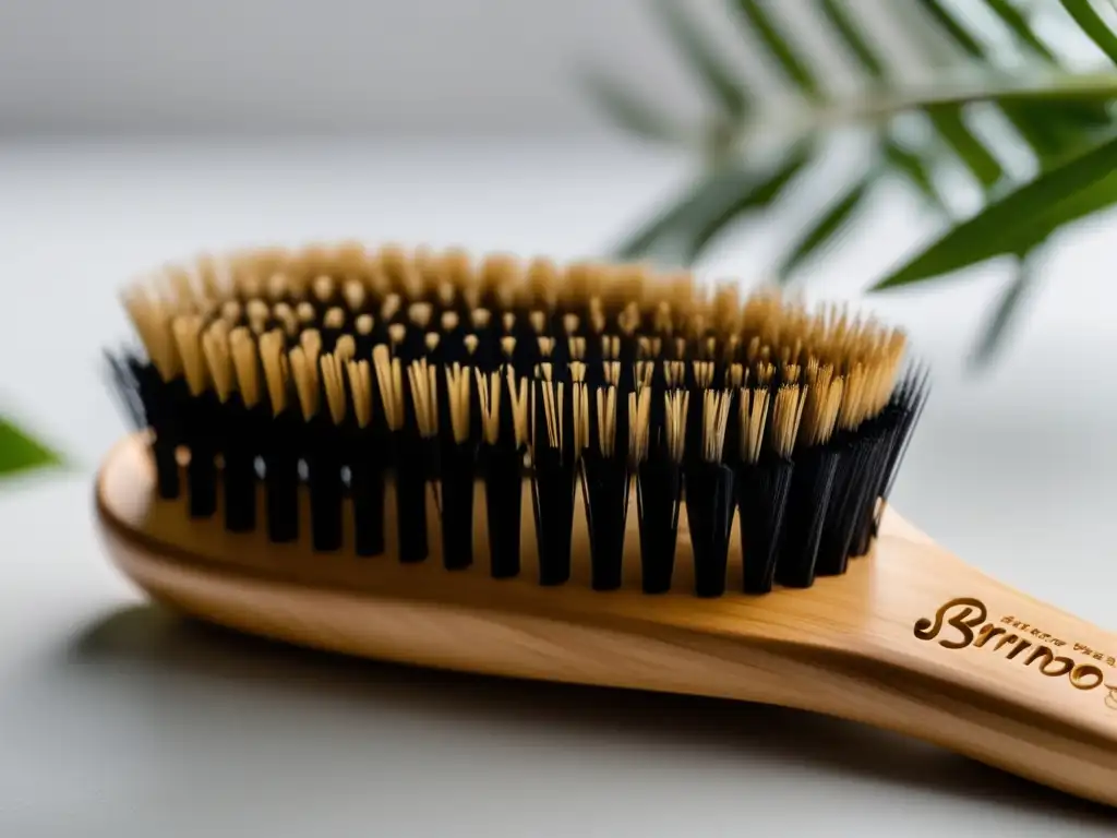 Una elegante y moderna cepillo para el cabello sostenible, con mango de bambú y cerdas recicladas, iluminado suavemente en un fondo blanco