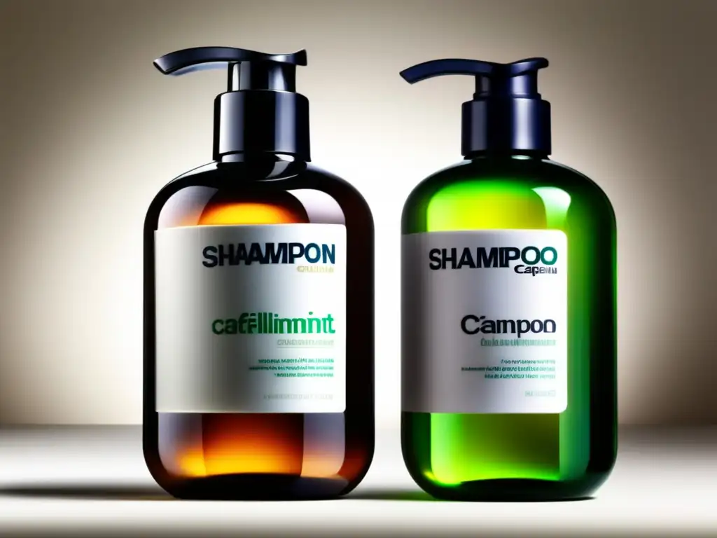 Un elegante y moderno envase de shampoo con cafeína para crecimiento capilar, resaltando su diseño y profesionalidad.