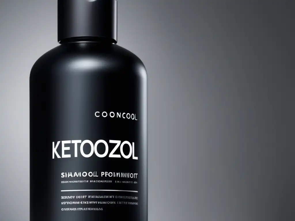 Un elegante shampoo Ketoconazol anticaída con acabado mate y letras plateadas, evocando lujo y eficacia