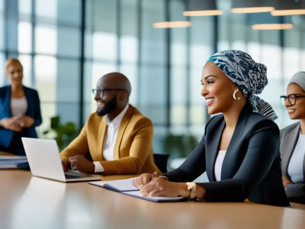 Empleados diversos colaborando en una oficina moderna, representando la inclusividad para personas con alopecia