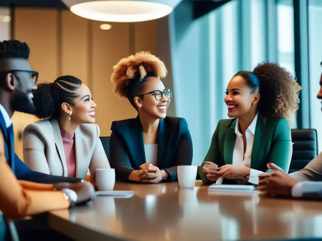 Diversos emprendedores con estilos únicos y expresiones seguras, discuten en una moderna sala de reuniones, rodeados de productos innovadores para el cuidado del cabello