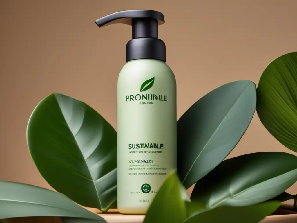 Un envase moderno y elegante de productos sostenibles para cuidado del cabello, rodeado de exuberante vegetación.