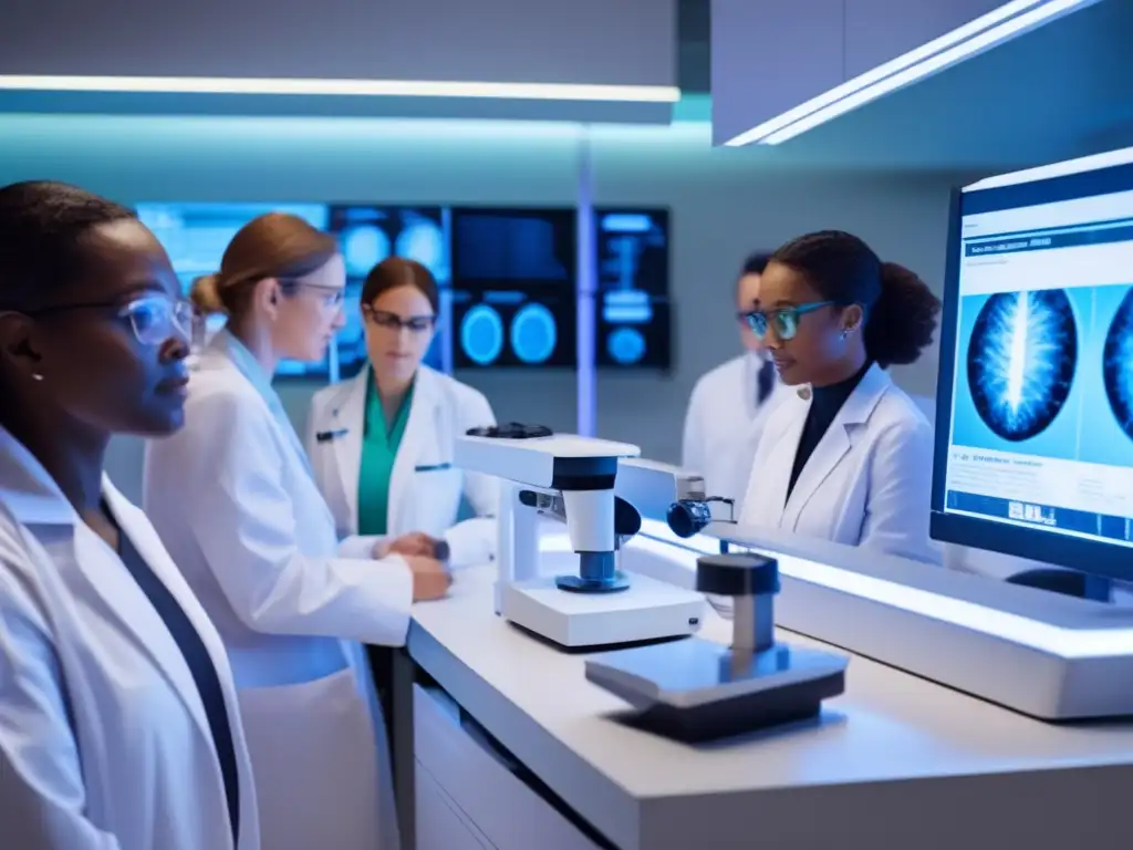 Equipo de científicos diverso en laboratorio moderno, analizando terapia génica para pérdida de cabello