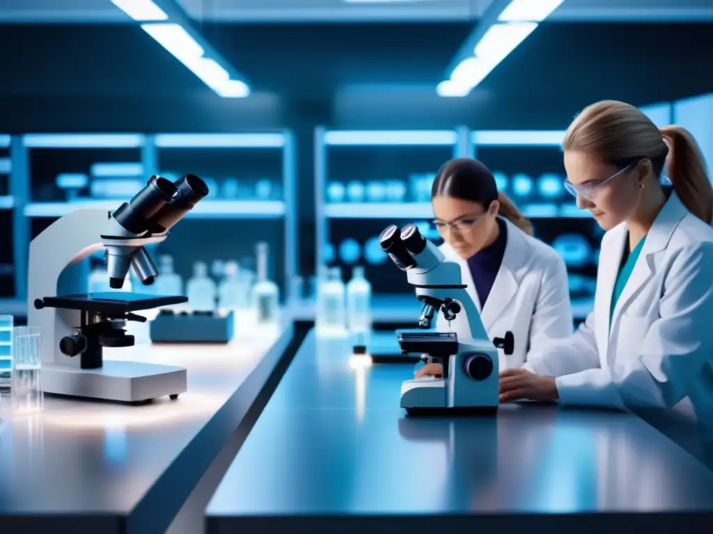 Equipo de científicos analizando minuciosamente folículos capilares en un laboratorio de vanguardia, destacando la prevención de la pérdida de cabello con influencia de selenio