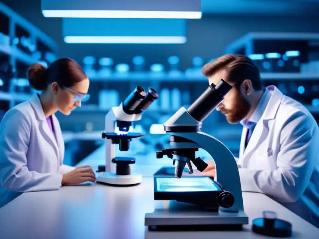 Un equipo de científicos analiza folículos capilares bajo microscopios, en un laboratorio brillante, enfocados en terapia génica pérdida de cabello