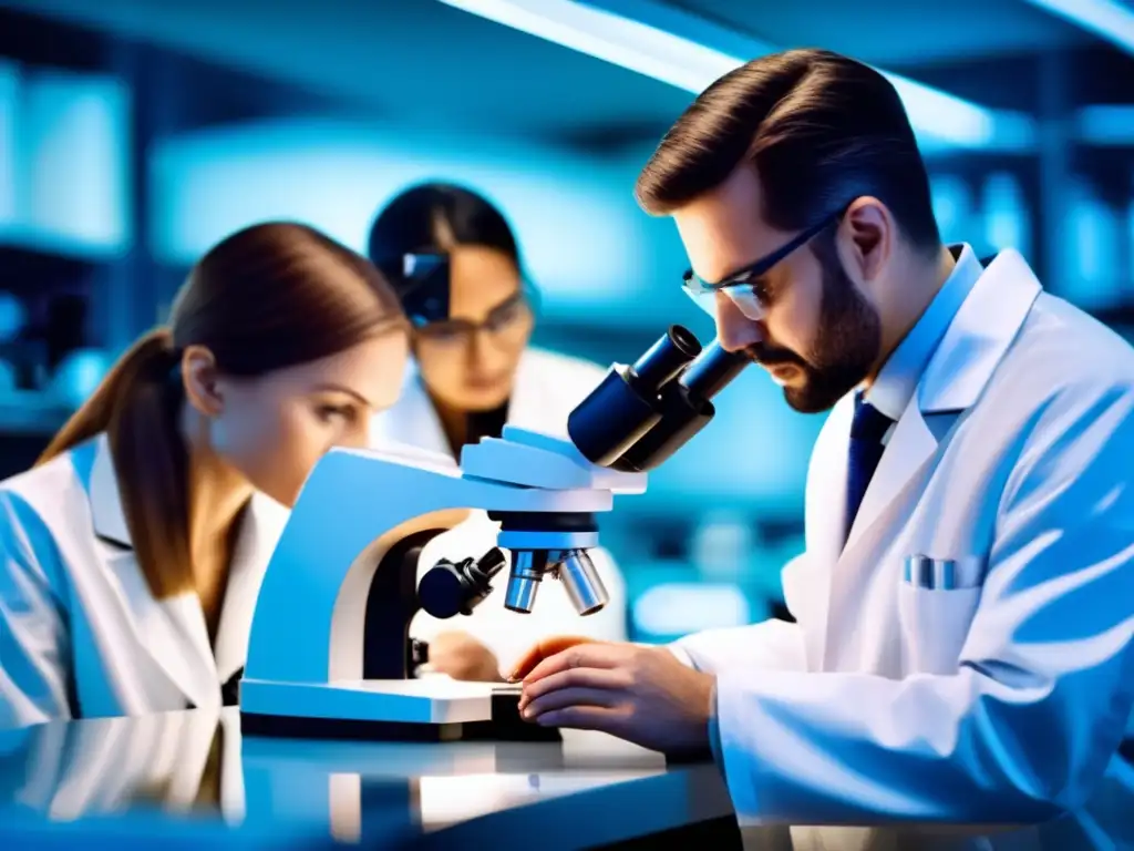 Un equipo de científicos y médicos en un laboratorio de vanguardia, realizando investigaciones capilares bajo microscopios potentes