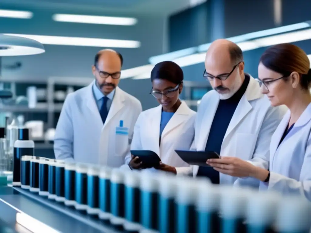 Un equipo diverso de científicos y investigadores realiza ensayos clínicos y experimentos para el tratamiento de la pérdida de cabello, con tecnología de vanguardia y discusiones éticas sobre el consentimiento informado.