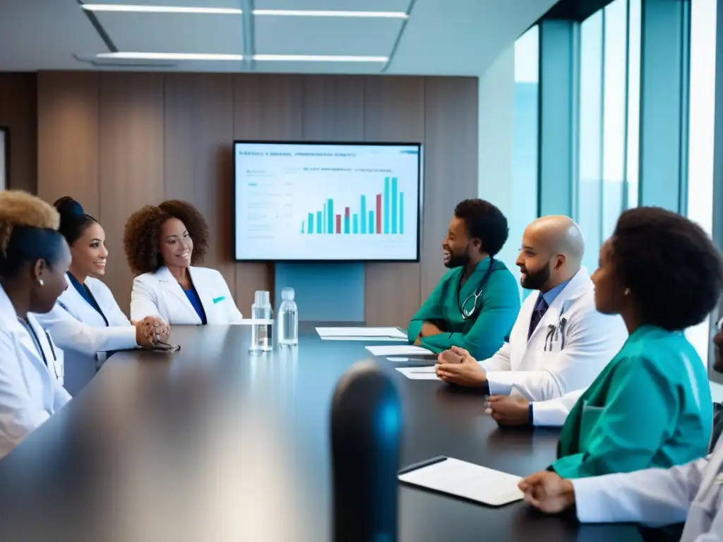 Un equipo diverso de profesionales en batas blancas se reúne alrededor de una mesa de conferencias, discutiendo apasionadamente métodos de tratamiento integral para pérdida de cabello en un entorno moderno y profesional