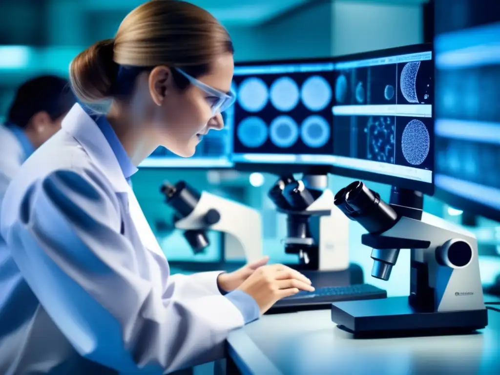 Microscopio de vanguardia revela detalles de folículos capilares Un equipo de investigadores en un laboratorio moderno estudia detalladamente folículos capilares a nivel celular con un microscopio