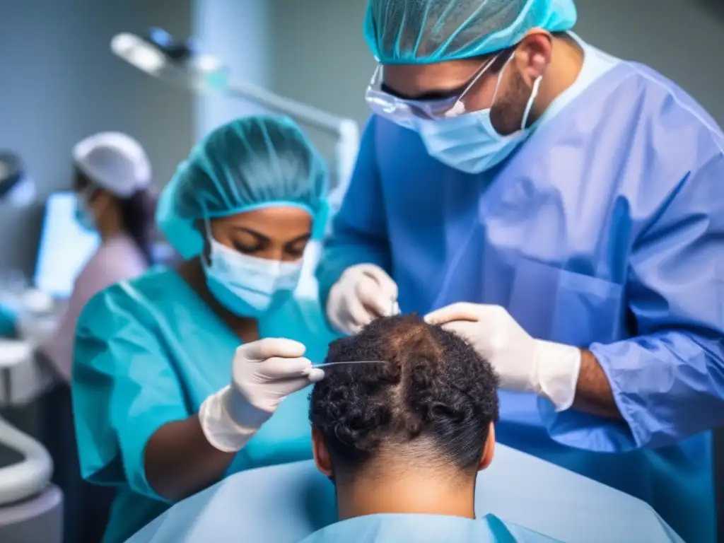 Un equipo médico diverso asiste al cirujano experto en la extracción de folículos capilares en una operación de trasplante de cabello en etnias