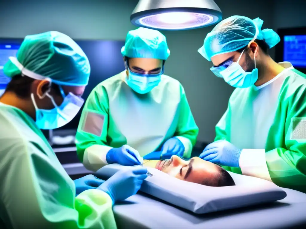 Procedimiento de trasplante capilar: precisión y profesionalismo Un equipo quirúrgico en PPE realiza un trasplante capilar con precisión y concentración