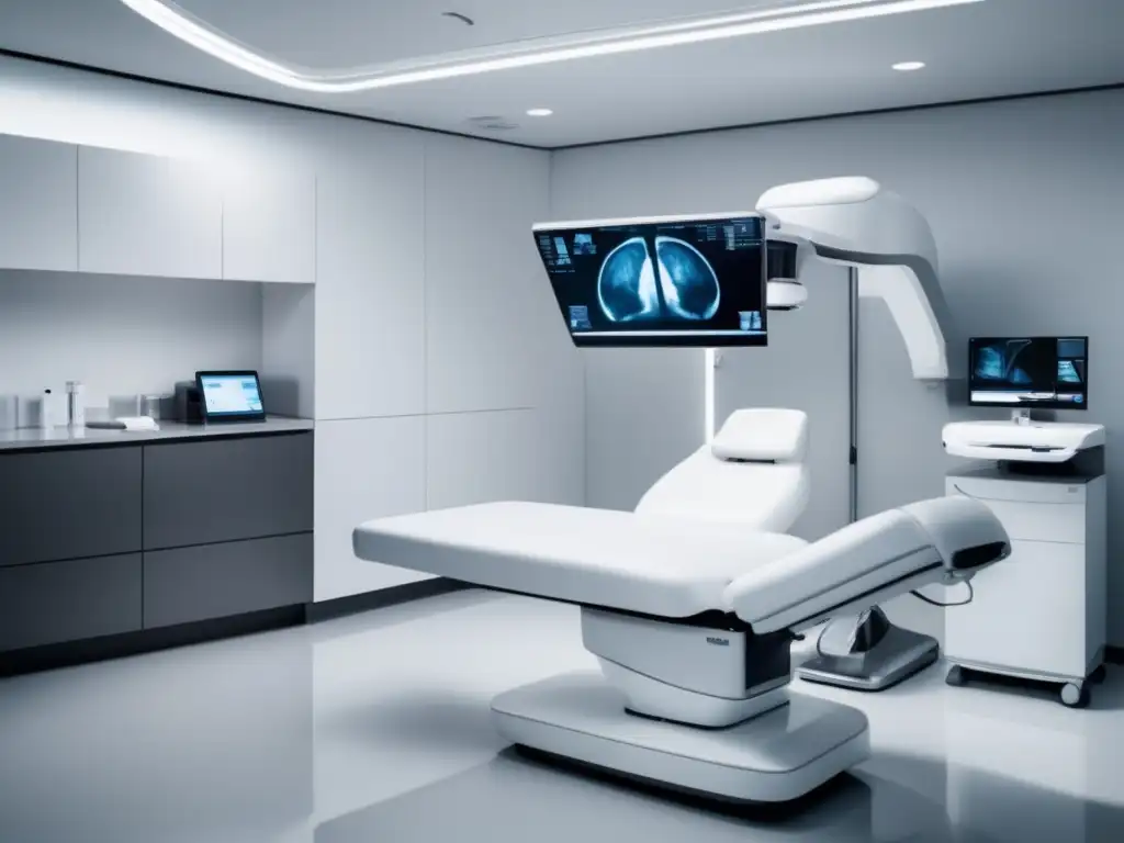 Espacio médico moderno con equipamiento futurista y profesional observando pantalla de imagen médica