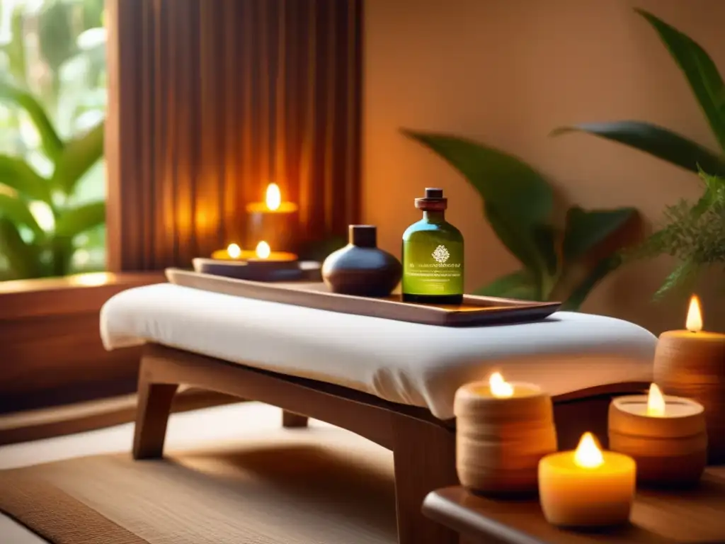 Espacio de spa Ayurveda con mesa de masajes de madera, aceites herbales y símbolos ayurvédicos en las paredes