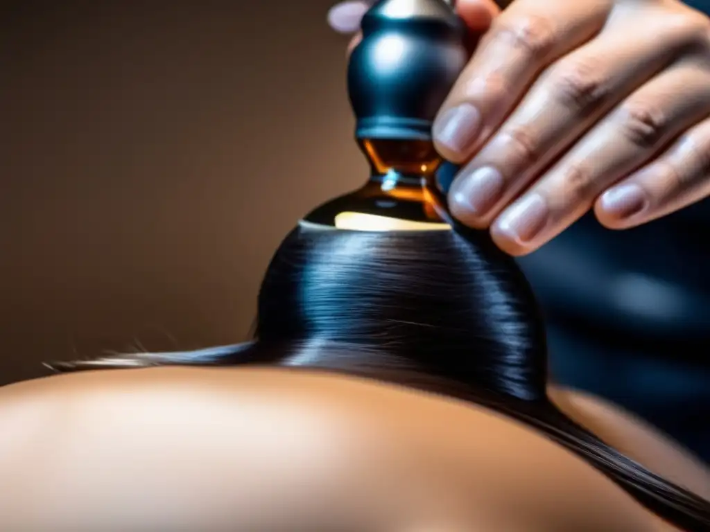 Un especialista capilar realiza cupping en el cuero cabelludo de un cliente, mostrando los beneficios del cupping capilar para cabello