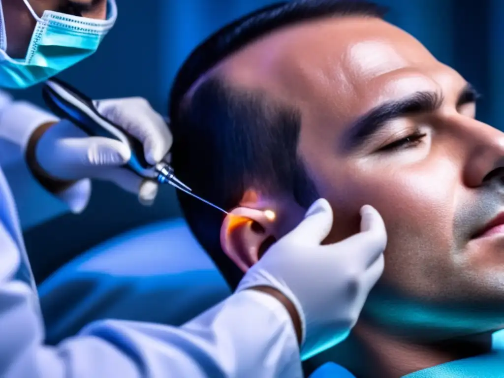Implantación capilar: maestría y precisión Un especialista en trasplante capilar de alta calidad implanta con precisión folículos capilares en el cuero cabelludo de un paciente, mostrando profesionalismo y concentración intensa