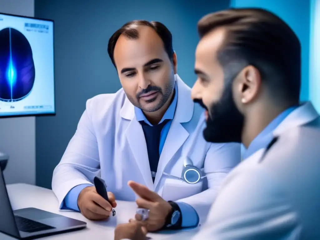 Consultoría experta en trasplante capilar en clínica moderna Un especialista en trasplante capilar de calidad consulta con un paciente en una clínica moderna y bien iluminada, enfocados en una detallada discusión