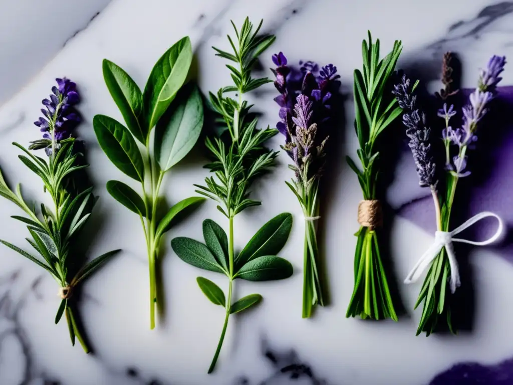 Herbamagia: frescura y vitalidad en closeup Un espectacular close-up de hierbas frescas sobre una encimera de mármol blanco, con tonos verdes y morados vibrantes