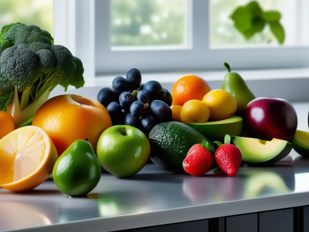 Un estallido de frescura y vitalidad en frutas y verduras vibrantes en una cocina moderna