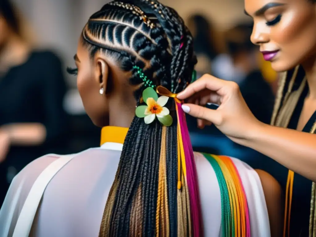 Un estilista de celebridades crea trenzas intrincadas con cintas y flores, reflejando la influencia de celebridades en las modas capilares.