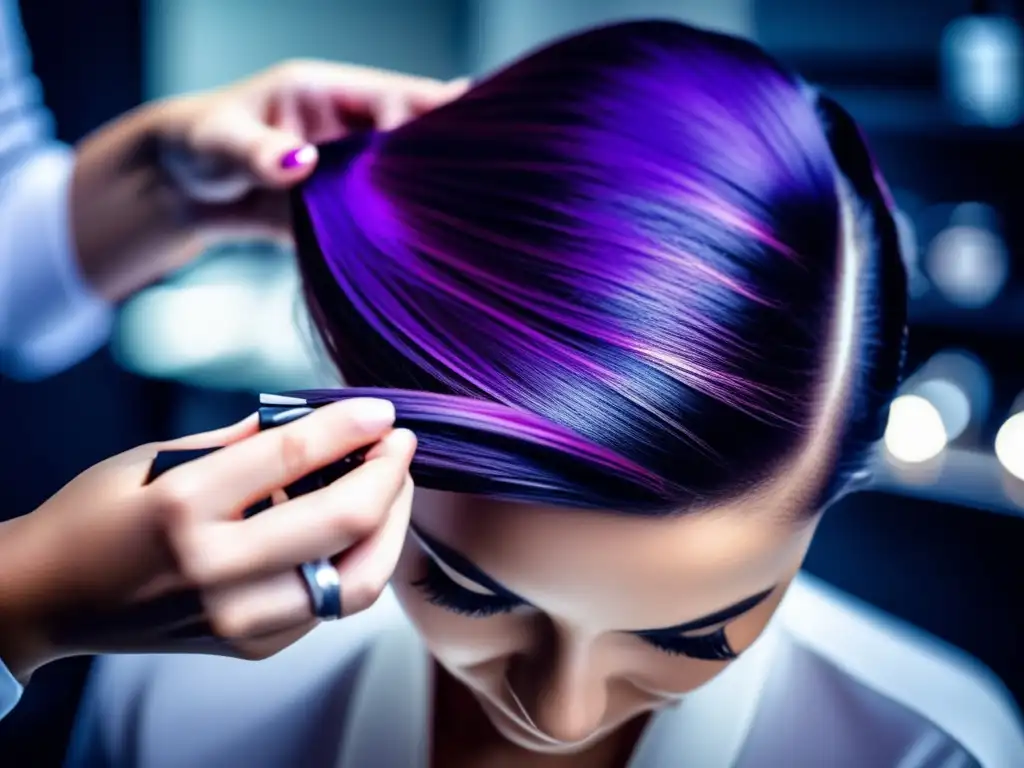 Un estilista aplica con precisión una nueva fórmula de tinte duradero en el cabello de su cliente, en un salón moderno y profesional.