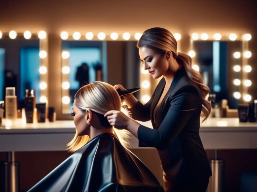 Una estilista profesional examina minuciosamente el cabello de su cliente bajo una brillante iluminación de salón, rodeada de productos y herramientas modernas que reflejan profesionalismo y dedicación