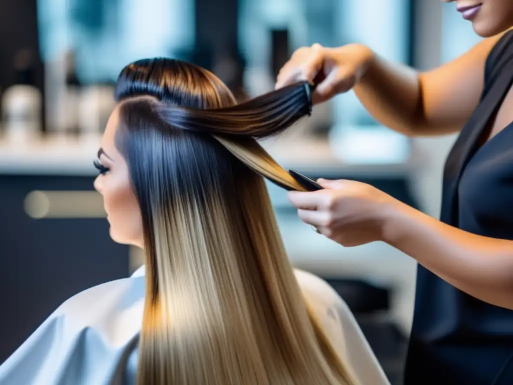 Un estilista profesional aplica con cuidado extensiones de alta calidad a una cliente con pérdida de cabello, en un salón moderno y luminoso