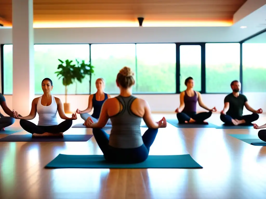 Un estudio de yoga moderno y sereno con práctica de rutinas yoga capilar para estrés. Plantas verdes decoran el espacio luminoso.