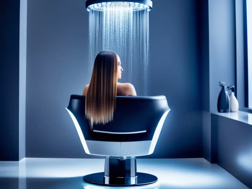 Una experiencia de hidroterapia capilar para fortalecer cabello en un entorno moderno y elegante del salón, con agua cristalina nutriendo el cabello