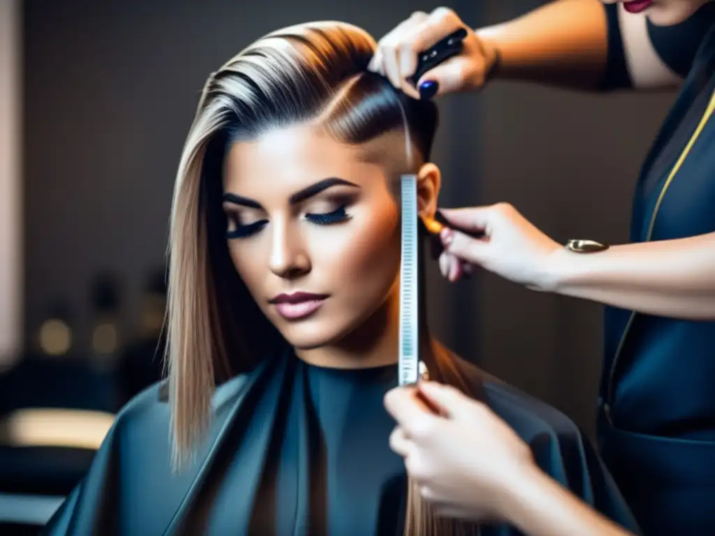 Un experto estilista mide con precisión el cabello de su cliente, mostrando profesionalismo y atención al detalle. Programas de lealtad para cabello.