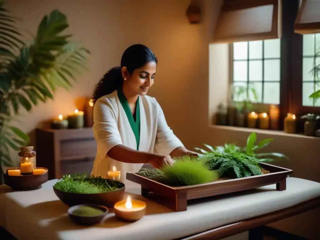 Un experto en Ayurveda prepara un tratamiento integral pérdida cabello con hierbas mientras el cliente aguarda serenamente