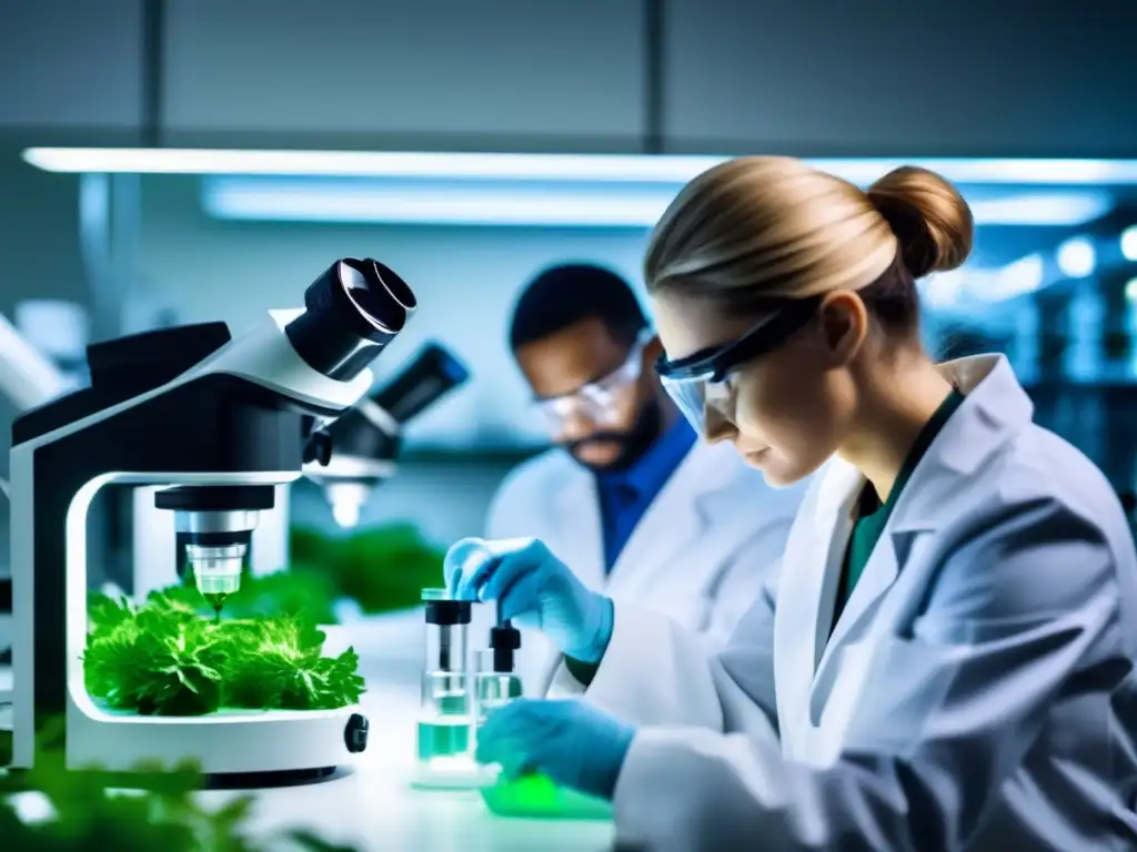 Expertos en laboratorio extraen y estudian células madre vegetales para tratamiento capilar, mostrando innovación y precisión científica
