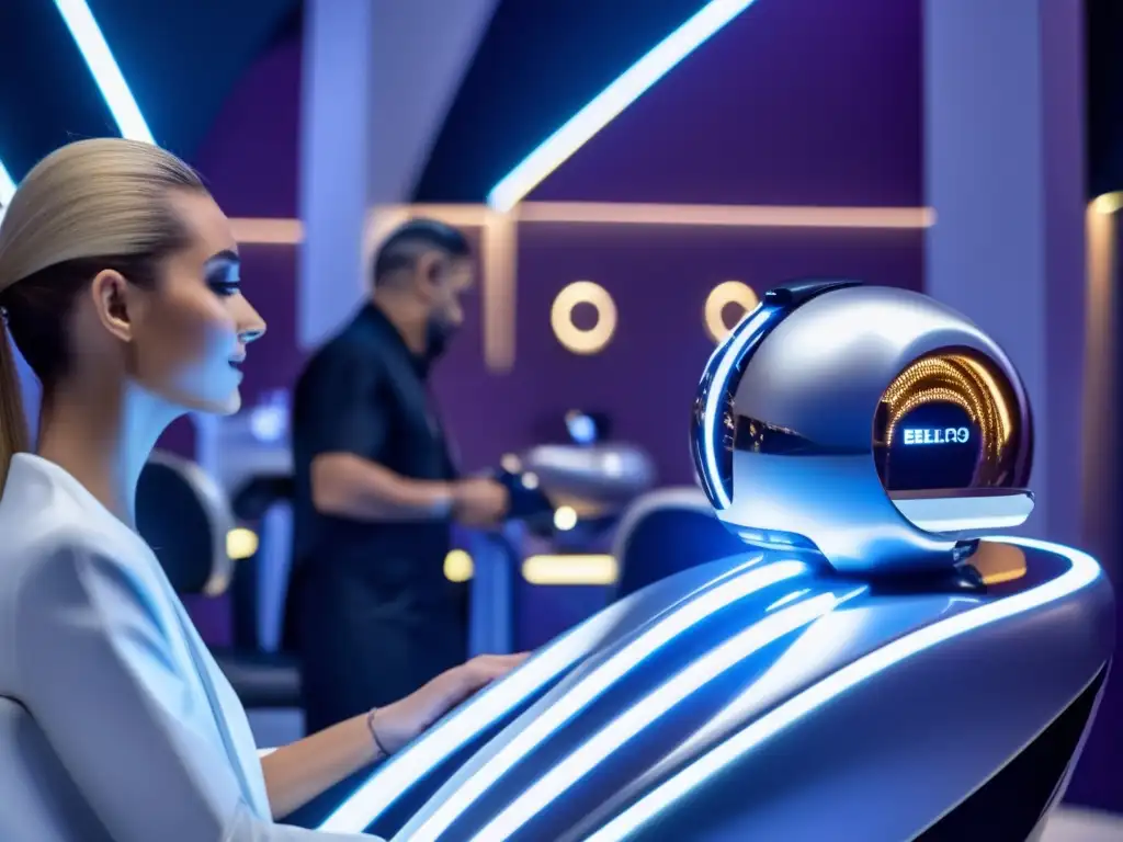 En la Expo Belleza París, un estilista ajusta una máquina futurista para tratamientos capilares mientras la cliente disfruta del lujo del salón.