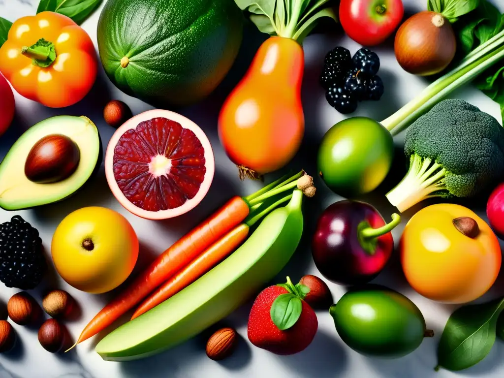 Una exquisita composición de frutas y verduras frescas en un elegante mostrador de mármol blanco