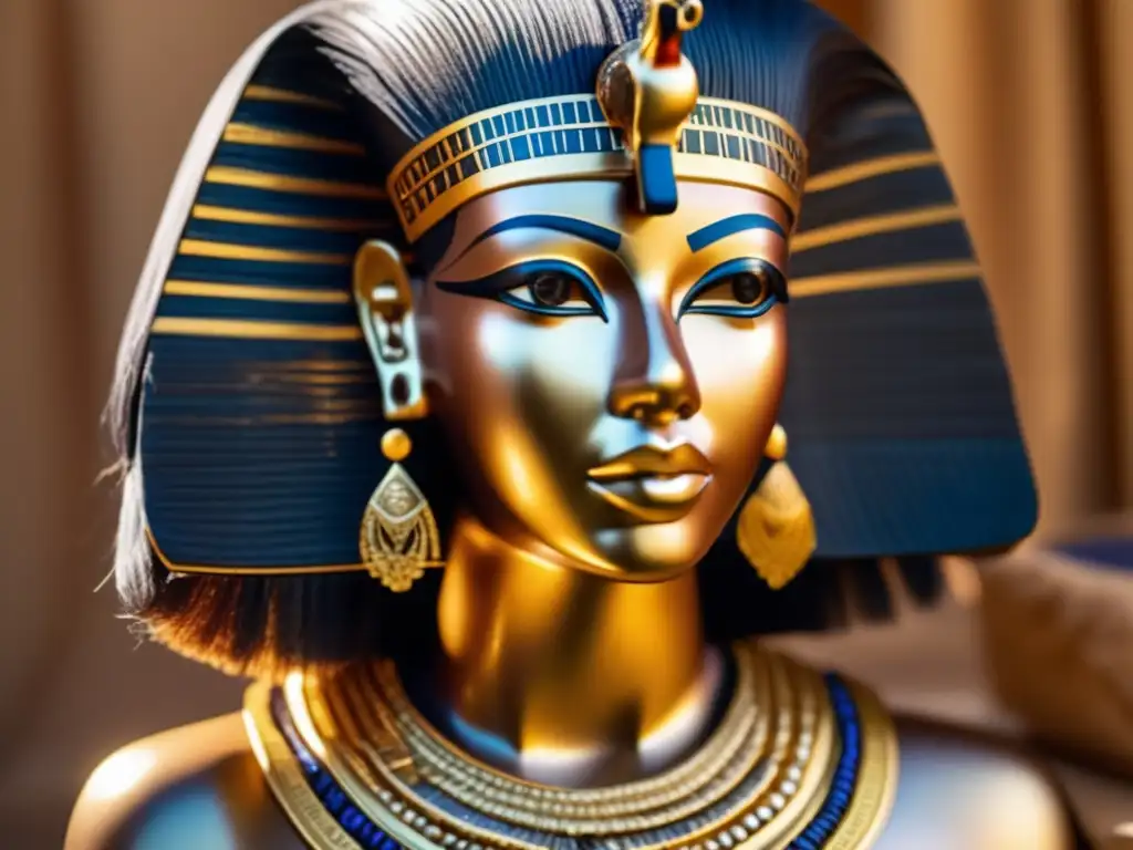 Una exquisita peluca del antiguo Egipto con cabello humano, adornada con oro y gemas preciosas, exhibiendo la opulencia y significado de las pelucas en la sociedad egipcia