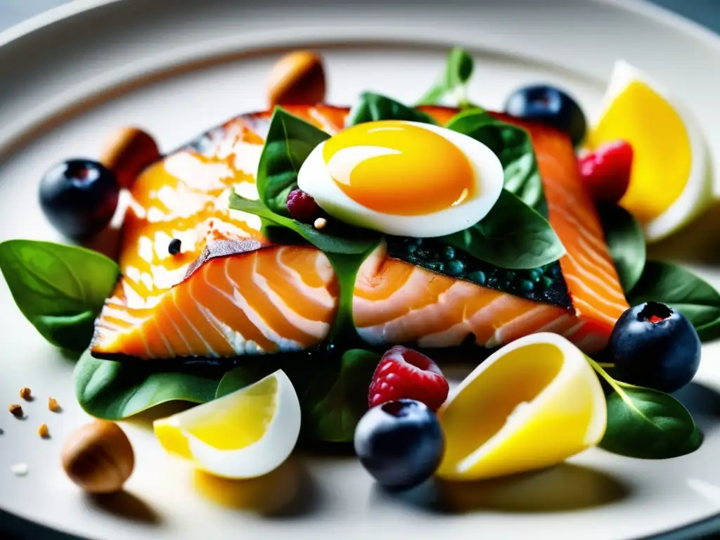 Una exquisita variedad de alimentos ricos en nutrientes para la salud capilar, destacando su frescura y vitalidad en un elegante plato blanco.